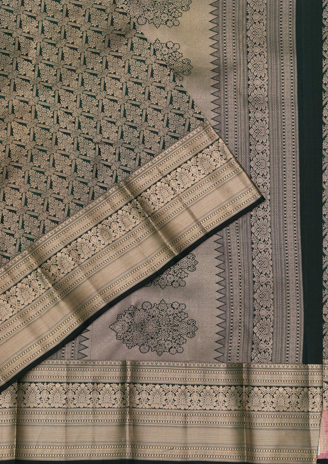 Bottle Green Silk Jaal Gold Zariwork Saree With Matching Blouse Piece