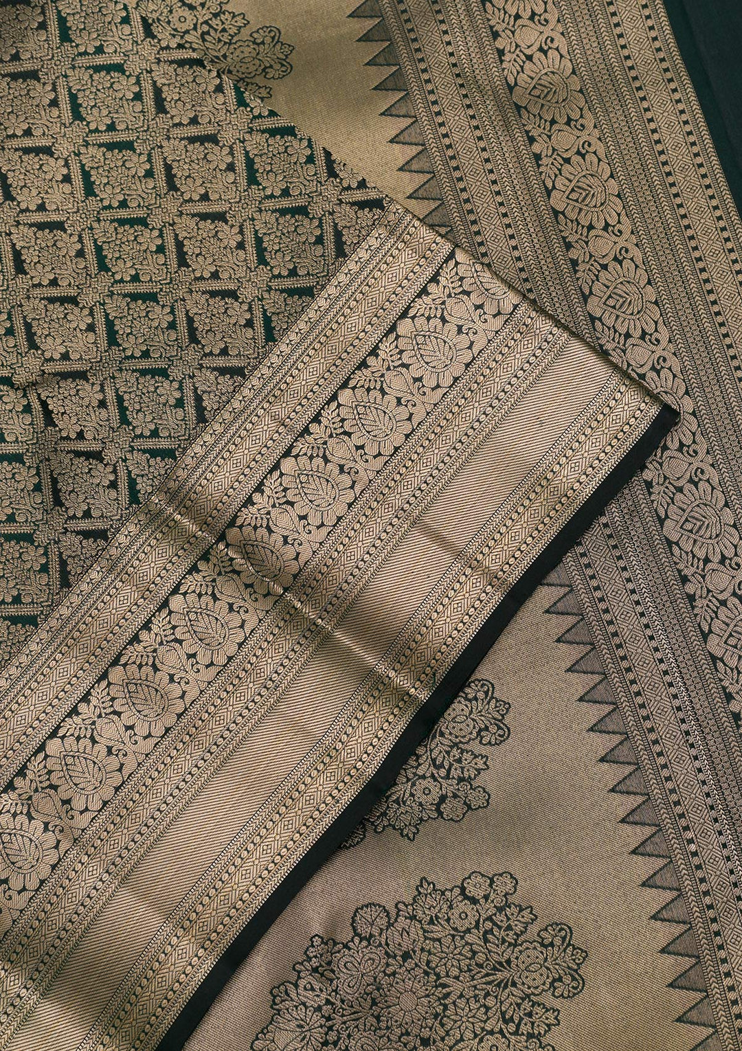 Bottle Green Silk Jaal Gold Zariwork Saree With Matching Blouse Piece