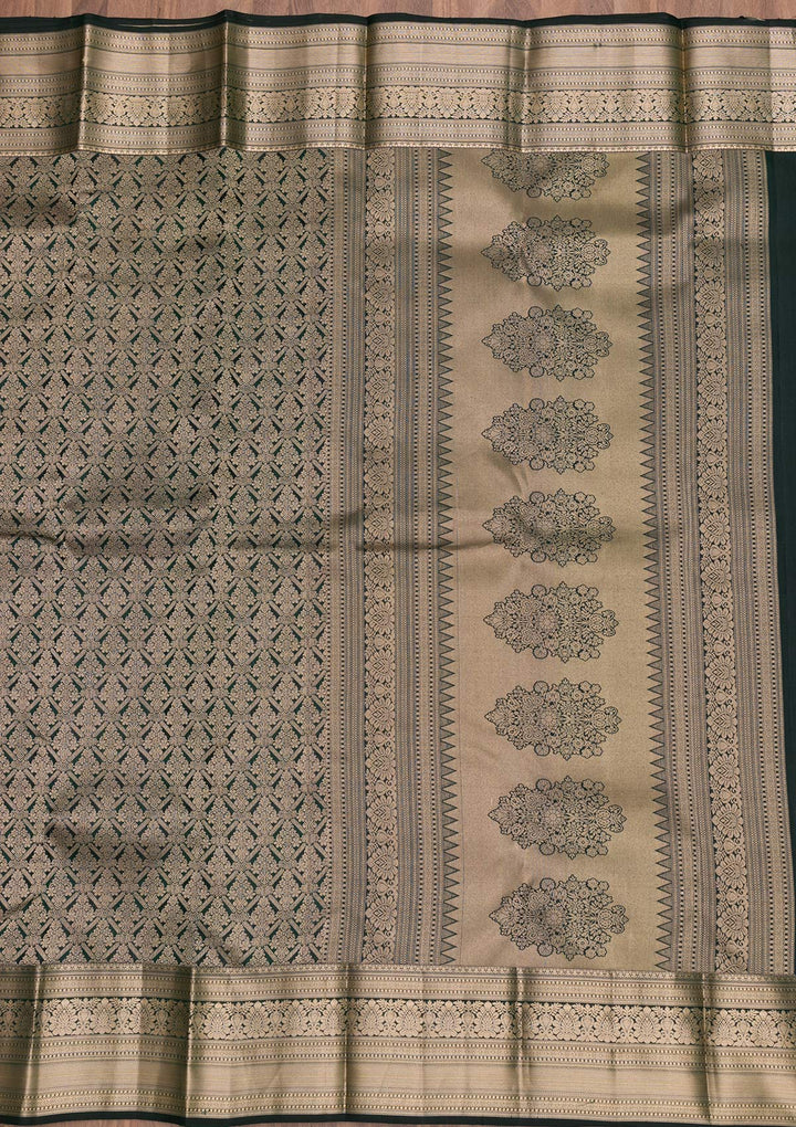 Bottle Green Silk Jaal Gold Zariwork Saree With Matching Blouse Piece