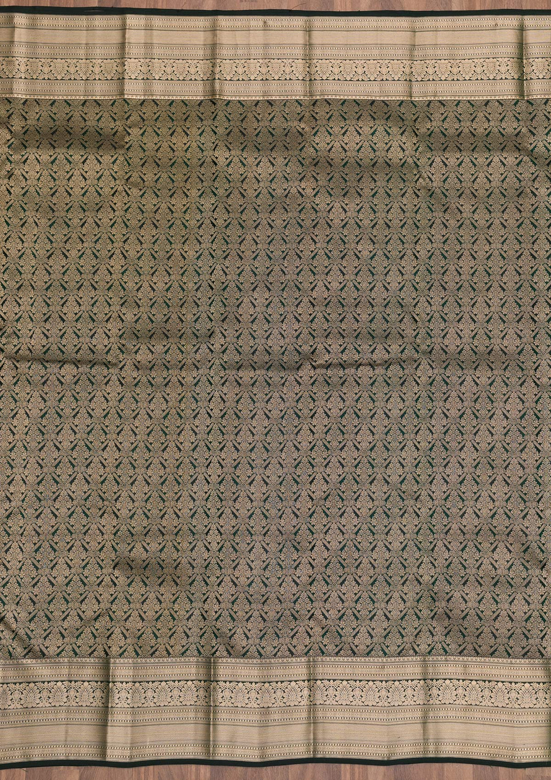 Bottle Green Silk Jaal Gold Zariwork Saree With Matching Blouse Piece