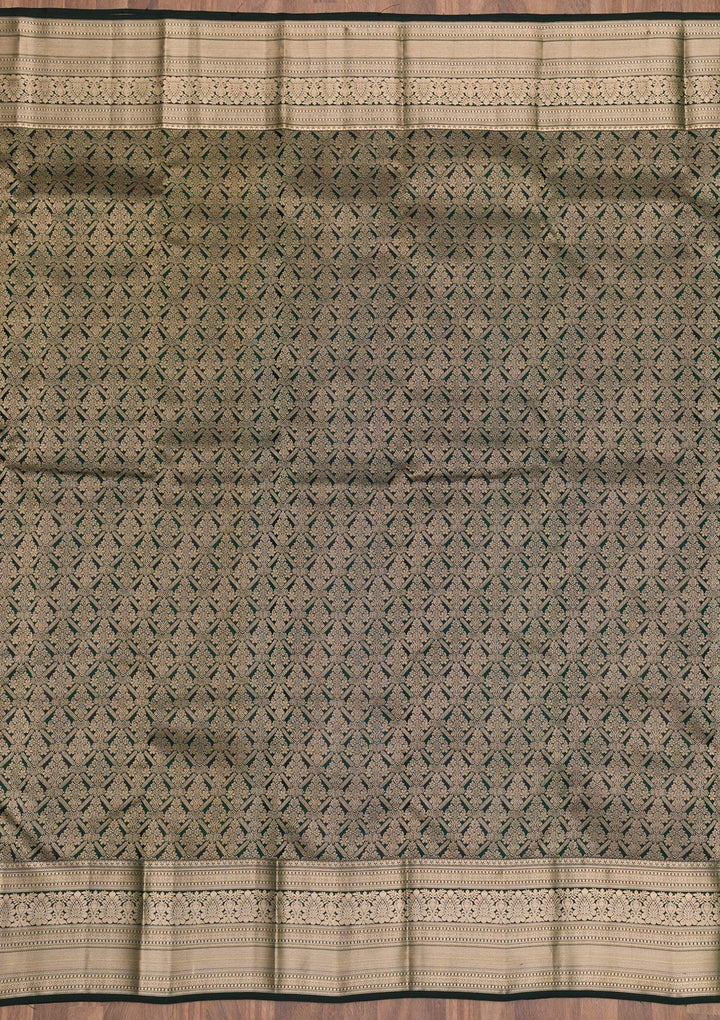 Bottle Green Silk Jaal Gold Zariwork Saree With Matching Blouse Piece
