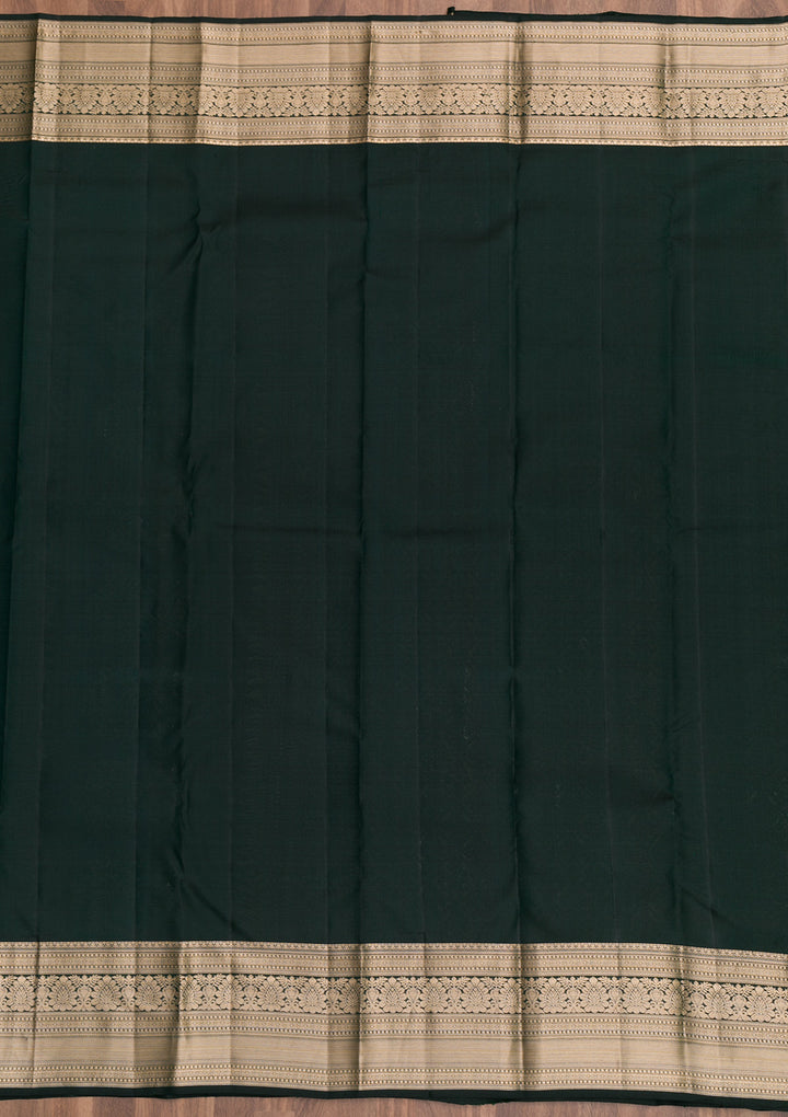 Bottle Green Silk Jaal Gold Zariwork Saree With Matching Blouse Piece