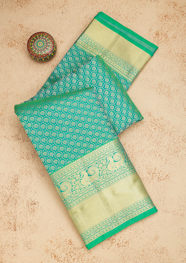 Green Silk Jaal Gold Zariwork Saree With Matching Blouse Piece