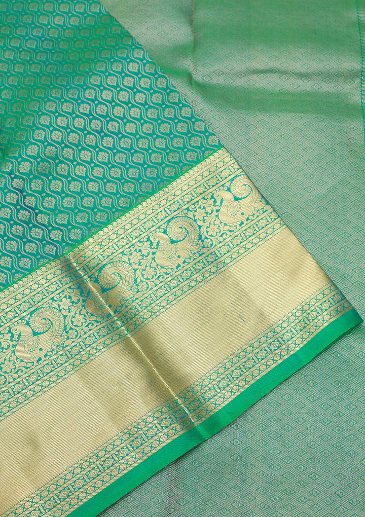 Green Silk Jaal Gold Zariwork Saree With Matching Blouse Piece