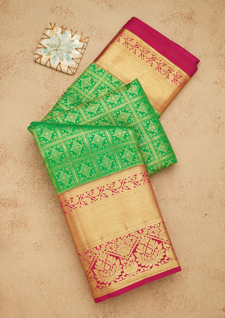 Green Silk Jaal Gold Zariwork Saree With Matching Blouse Piece