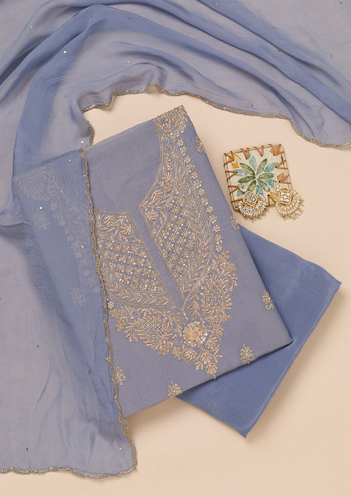 Lavender Tissue Cutdana Unstitched Dress Material With Matching Bottom And Dupatta