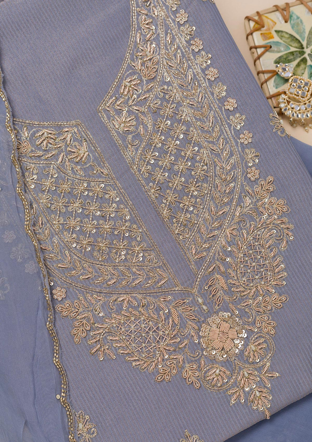 Lavender Tissue Cutdana Unstitched Dress Material With Matching Bottom And Dupatta