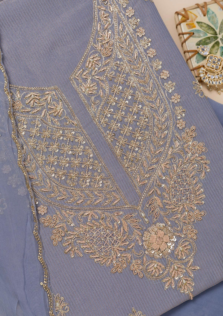 Lavender Tissue Cutdana Unstitched Dress Material With Matching Bottom And Dupatta