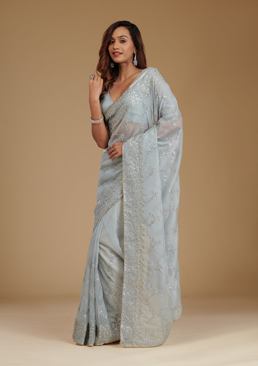 Sky Blue Tissue Gotapatti Saree With Matching Blouse Piece