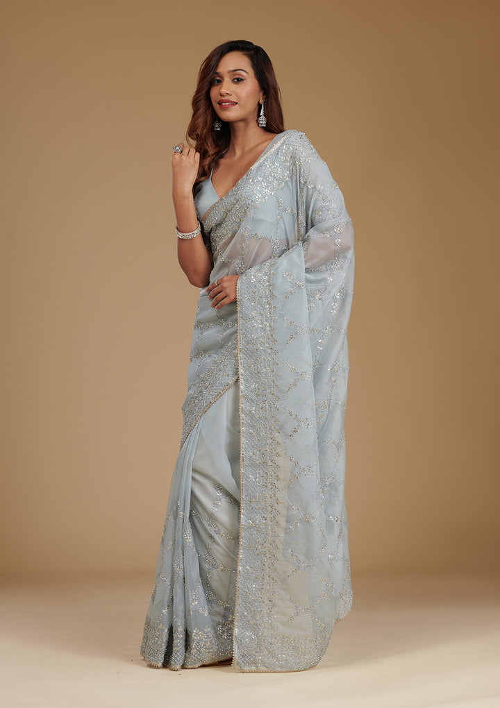 Sky Blue Tissue Gotapatti Saree With Matching Blouse Piece