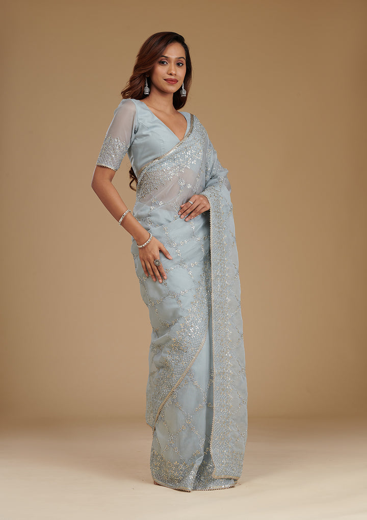 Sky Blue Tissue Gotapatti Saree With Matching Blouse Piece