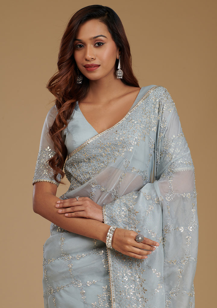 Sky Blue Tissue Gotapatti Saree With Matching Blouse Piece