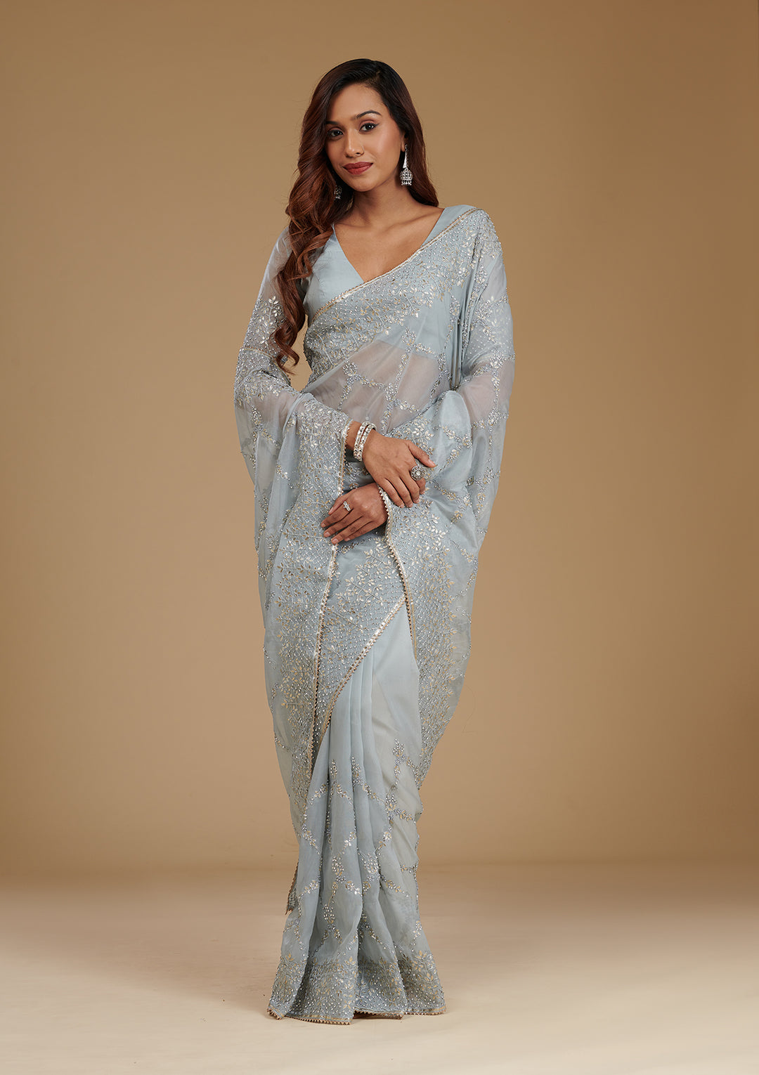 Sky Blue Tissue Gotapatti Saree With Matching Blouse Piece