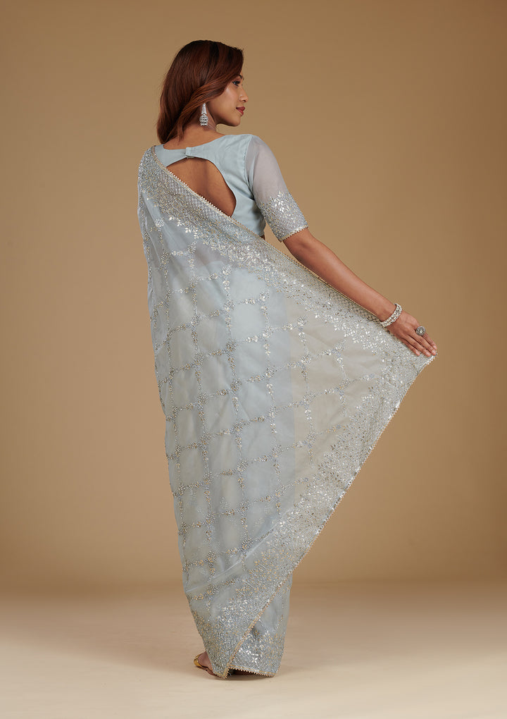 Sky Blue Tissue Gotapatti Saree With Matching Blouse Piece