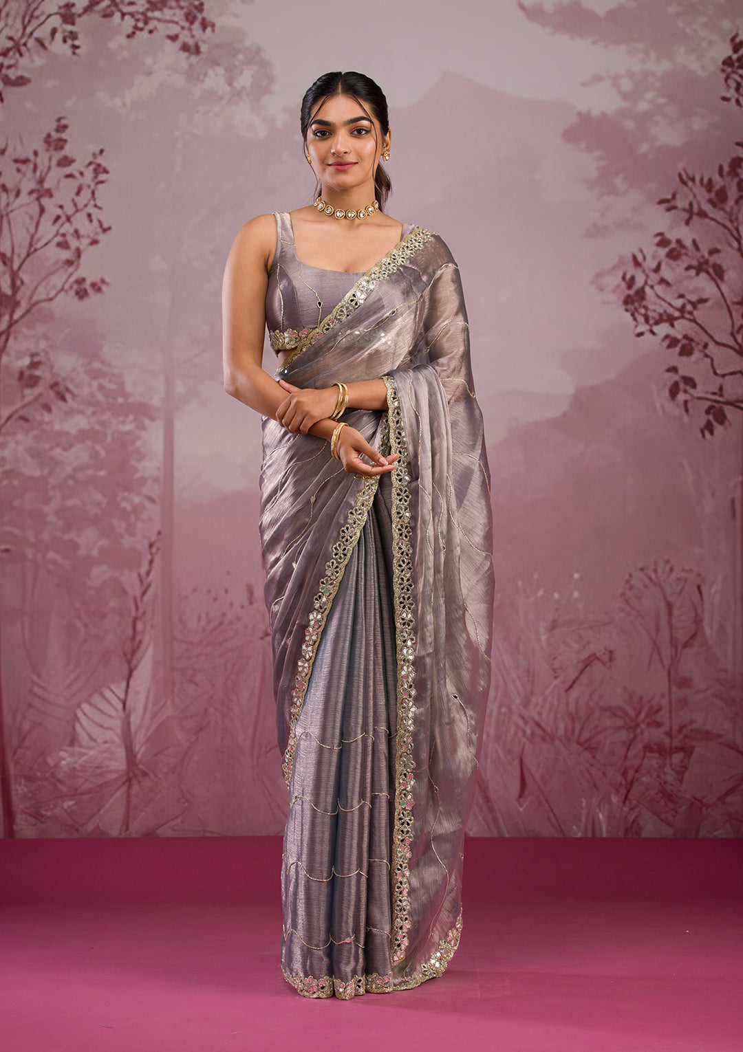 Grey Mirrorwork Tissue Saree