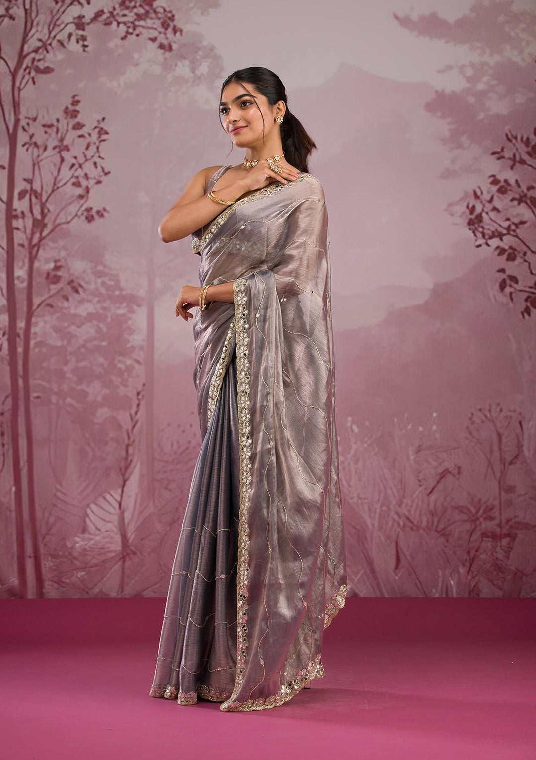 Grey Mirrorwork Tissue Saree