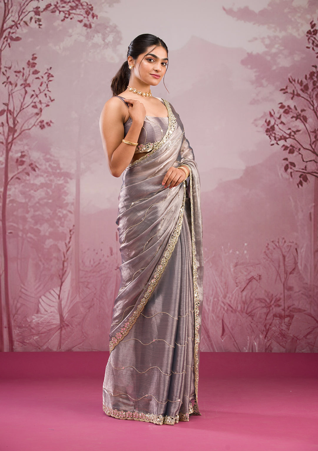 Grey Mirrorwork Tissue Saree