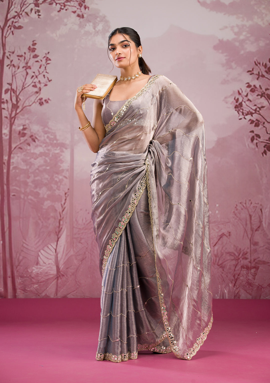 Grey Mirrorwork Tissue Saree
