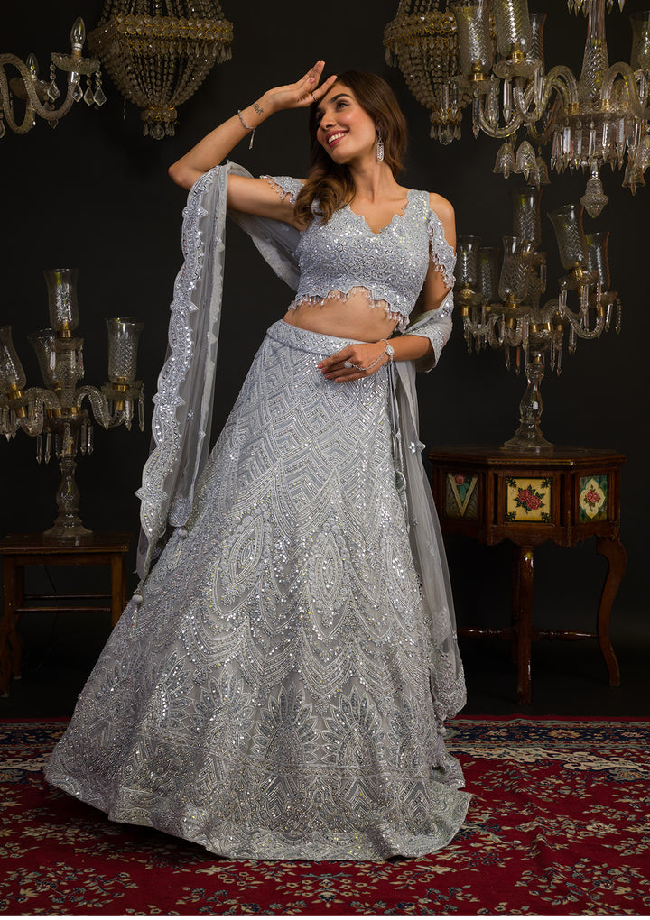 Grey Mirrorwork Net Readymade Lehenga