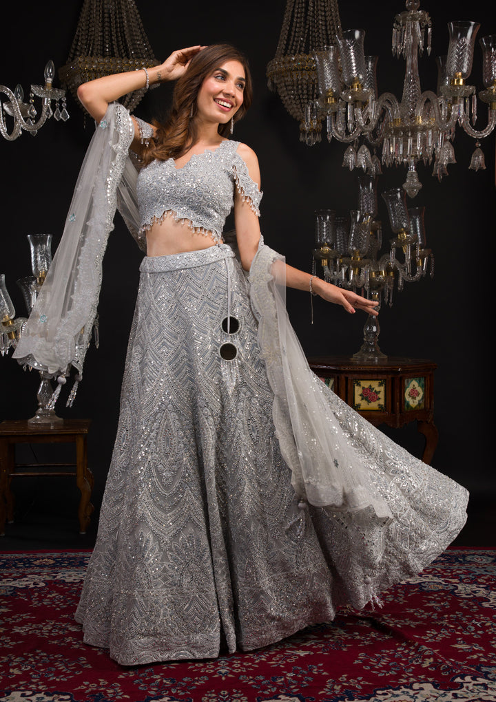 Grey Mirrorwork Net Readymade Lehenga