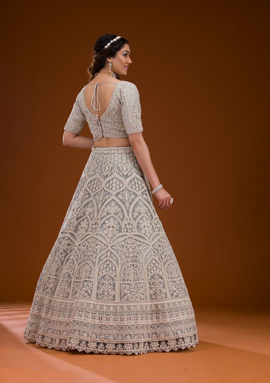 Grey Pearlwork Net Readymade Lehenga