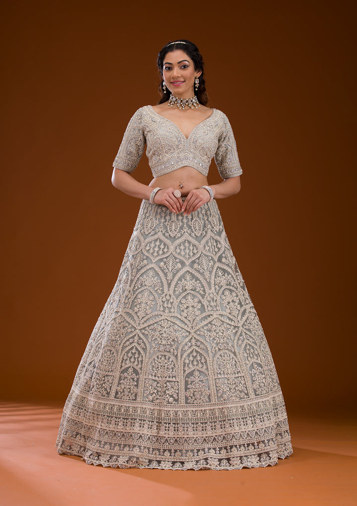 Grey Pearlwork Net Readymade Lehenga