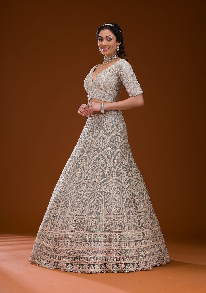 Grey Pearlwork Net Readymade Lehenga