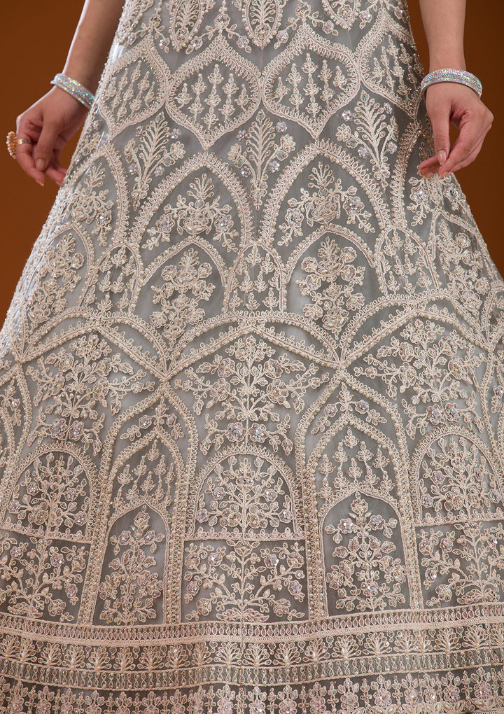 Grey Pearlwork Net Readymade Lehenga