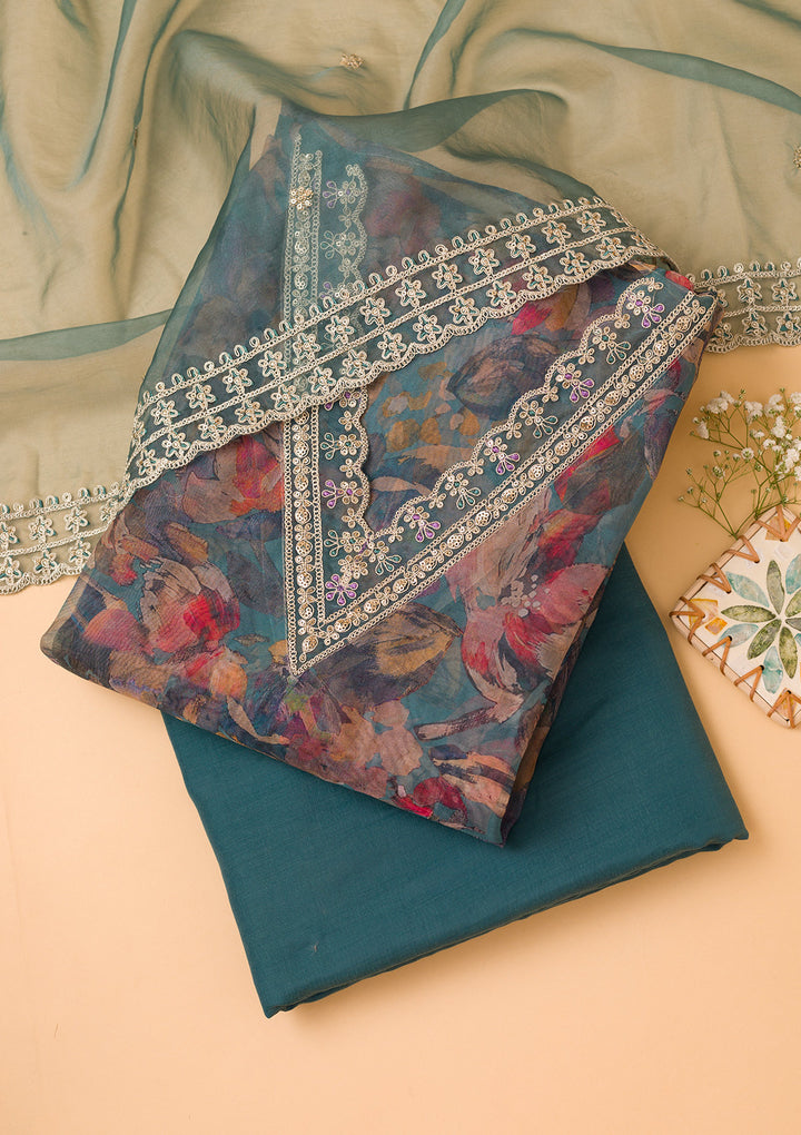 Grey Printed Organza Unstitched Salwar Suit