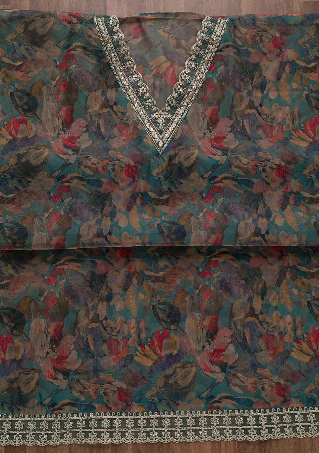 Grey Printed Organza Unstitched Salwar Suit