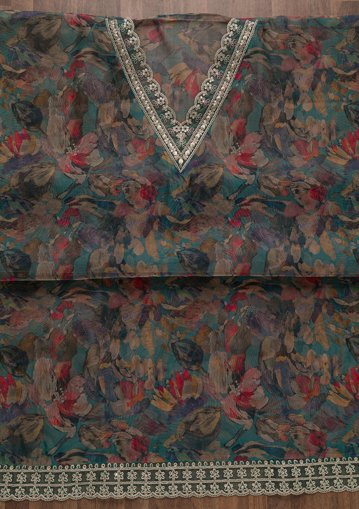 Grey Printed Organza Unstitched Salwar Suit