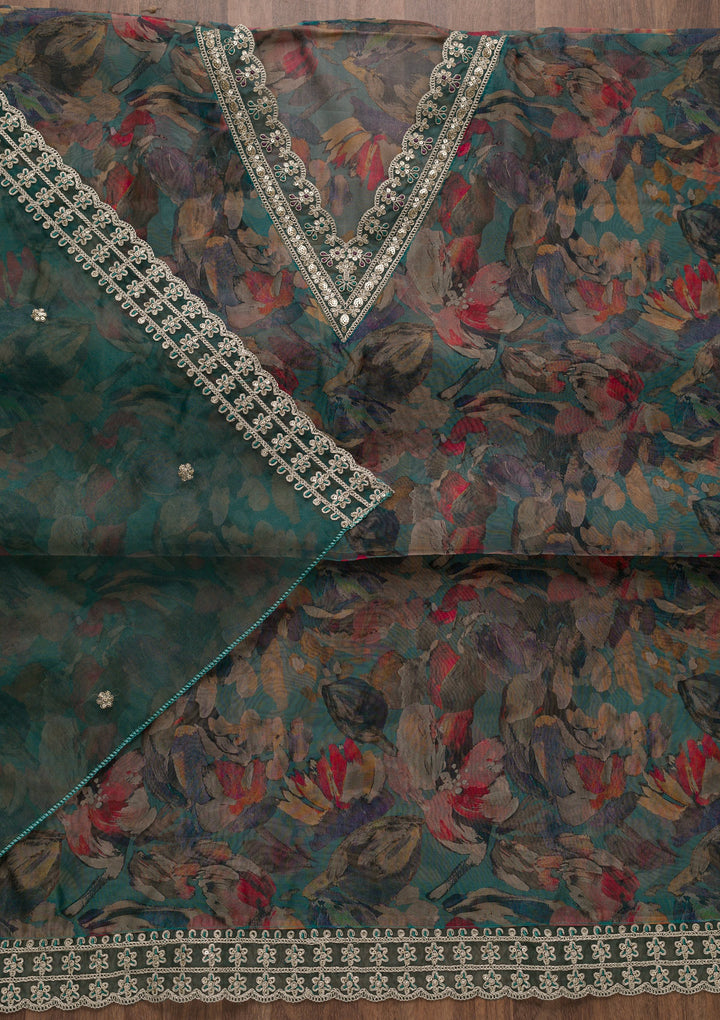 Grey Printed Organza Unstitched Salwar Suit