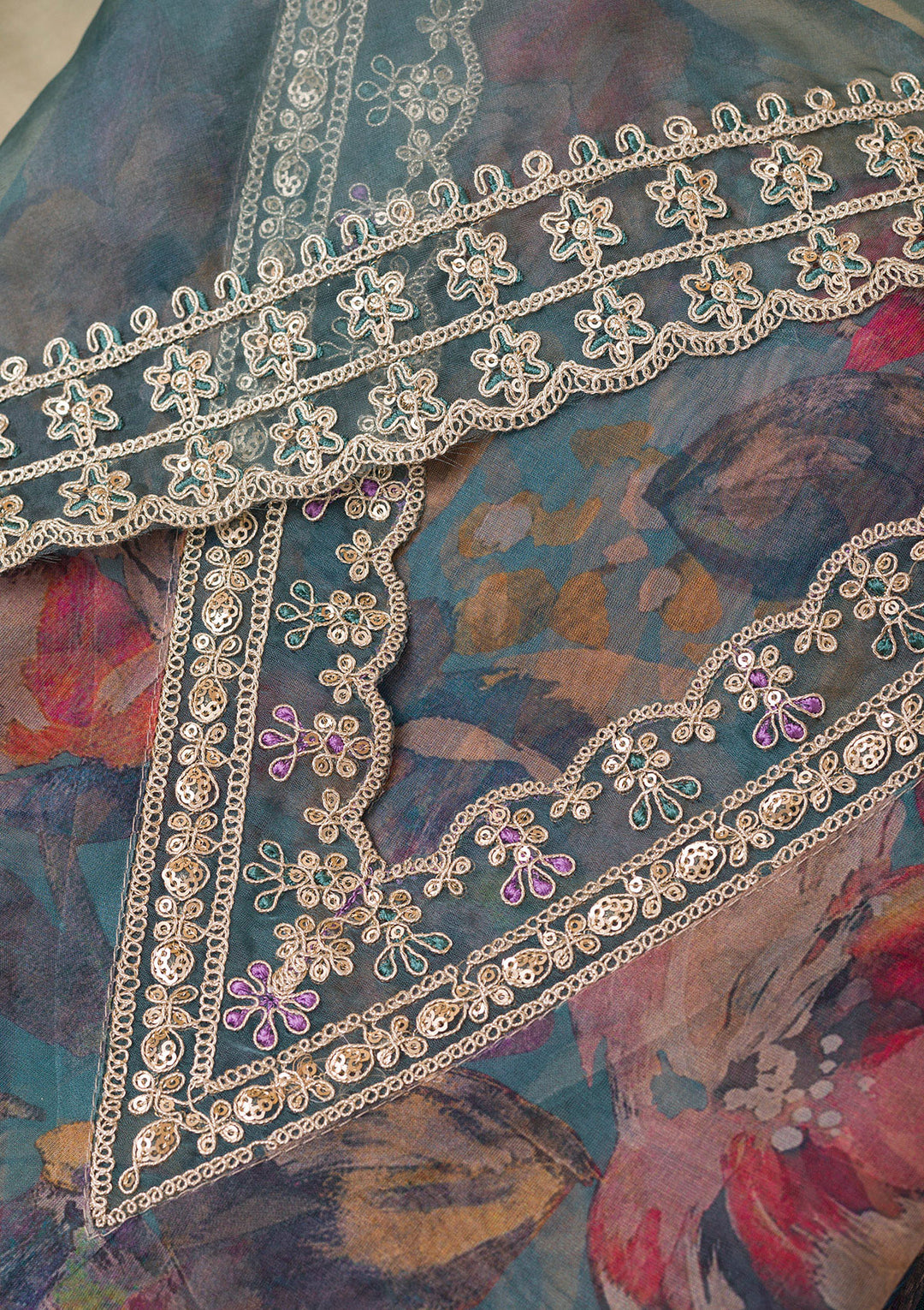 Grey Printed Organza Unstitched Salwar Suit