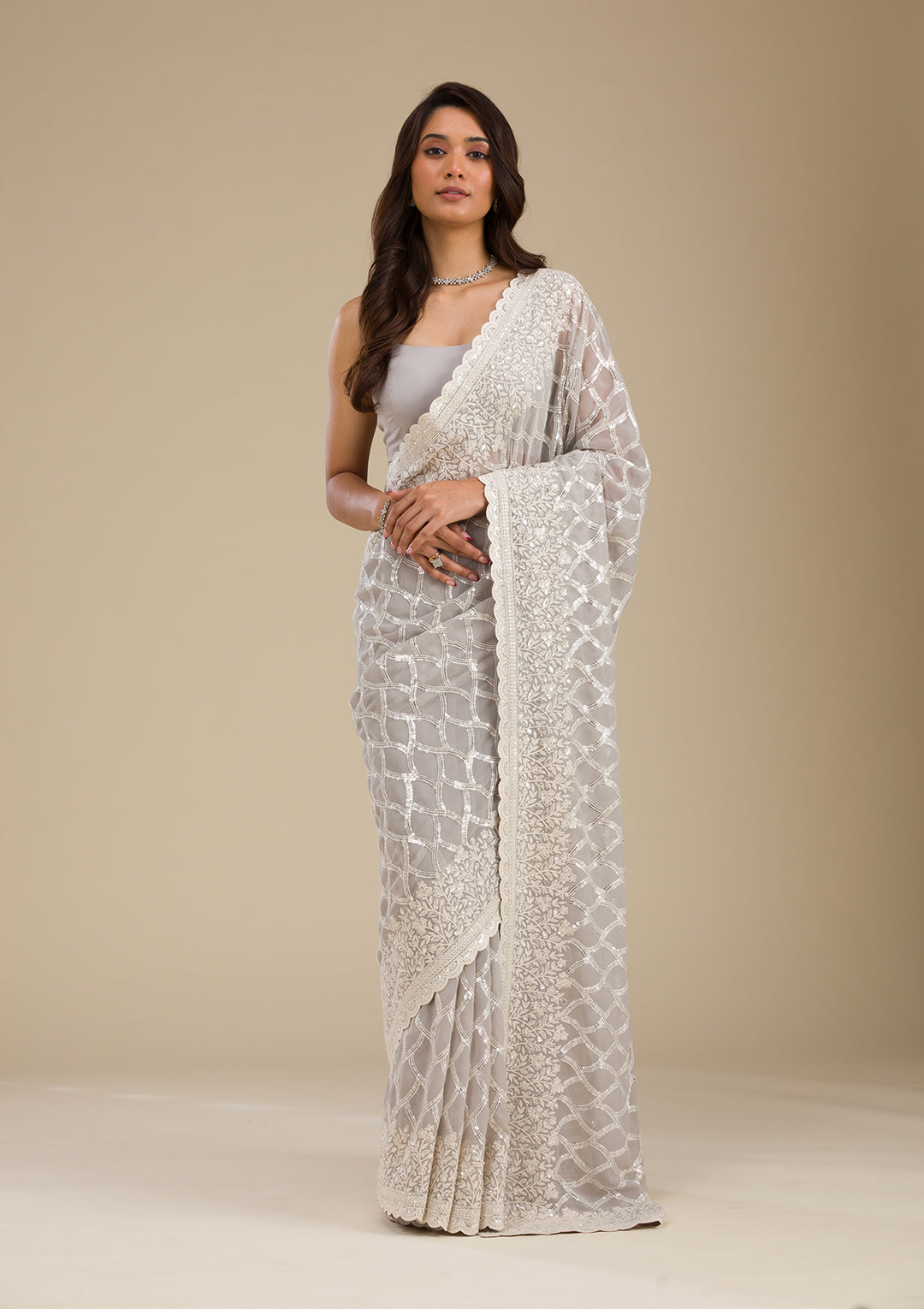 Grey Sequins Georgette Saree