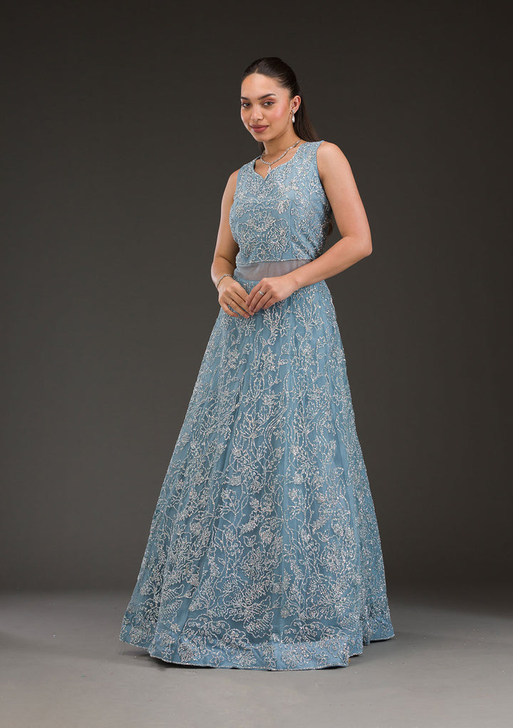 Koskii Net Blue Lehenga – Sequin-Embroidered Elegance