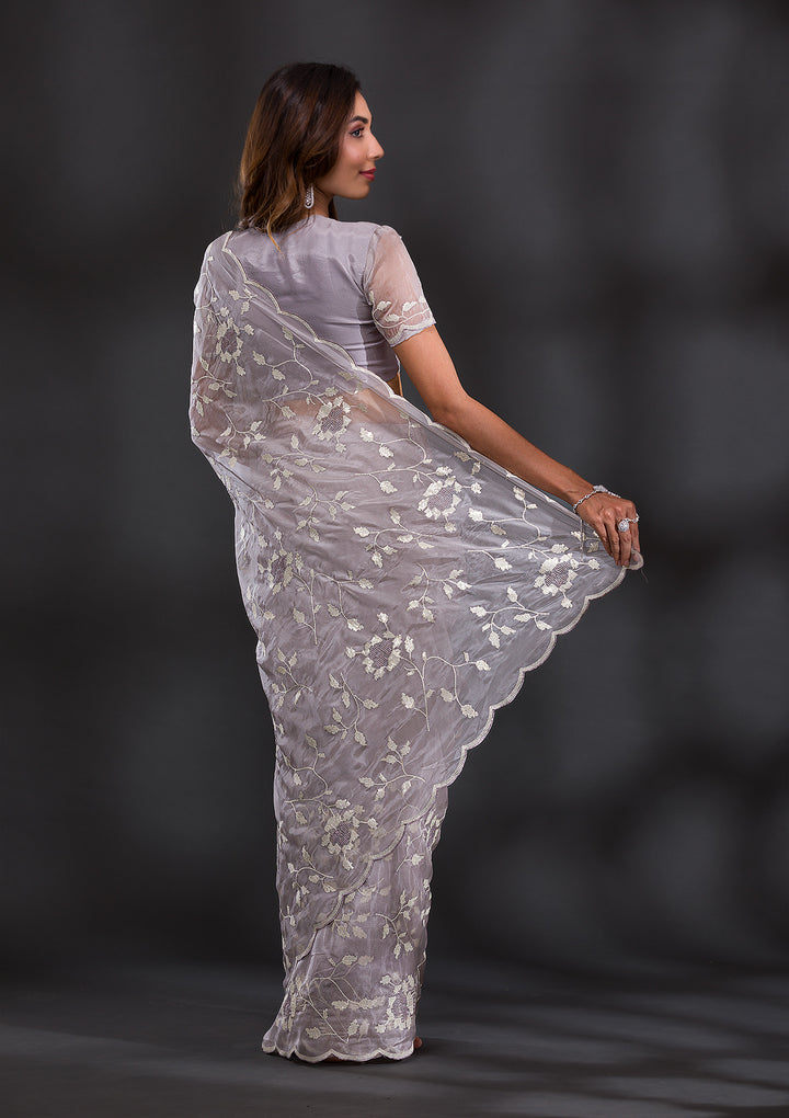 Light Grey Tissue Cutdana Saree With Matching Blouse Piece
