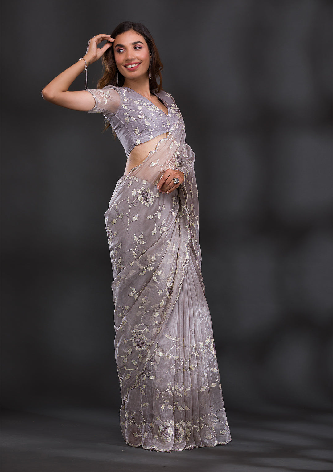 Light Grey Tissue Cutdana Saree With Matching Blouse Piece