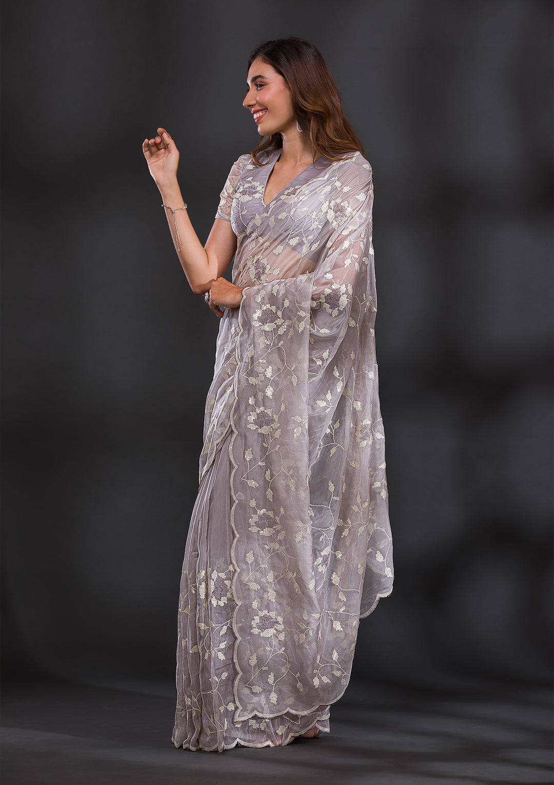 Light Grey Tissue Cutdana Saree With Matching Blouse Piece