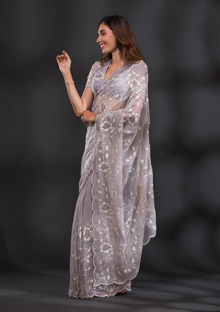 Light Grey Tissue Cutdana Saree With Matching Blouse Piece