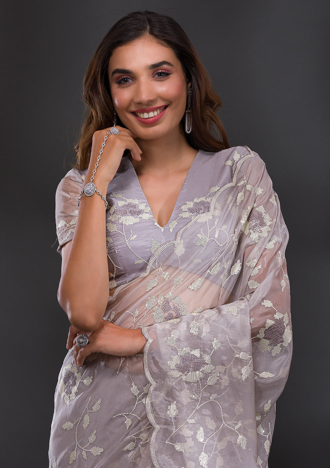 Light Grey Tissue Cutdana Saree With Matching Blouse Piece