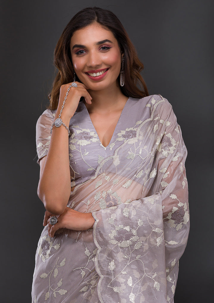 Light Grey Tissue Cutdana Saree With Matching Blouse Piece