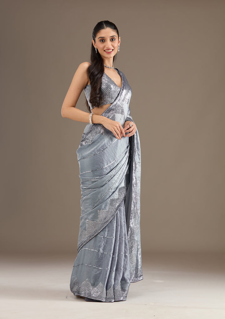 Grey Sequins Tissue Saree