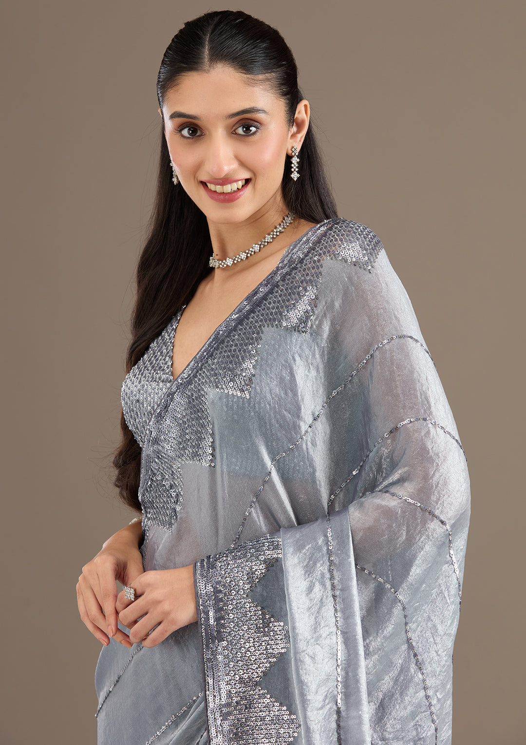 Grey Sequins Tissue Saree