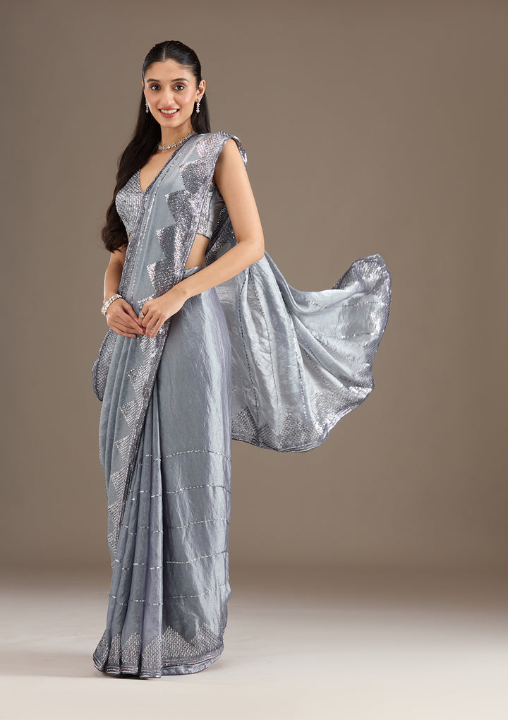 Grey Sequins Tissue Saree
