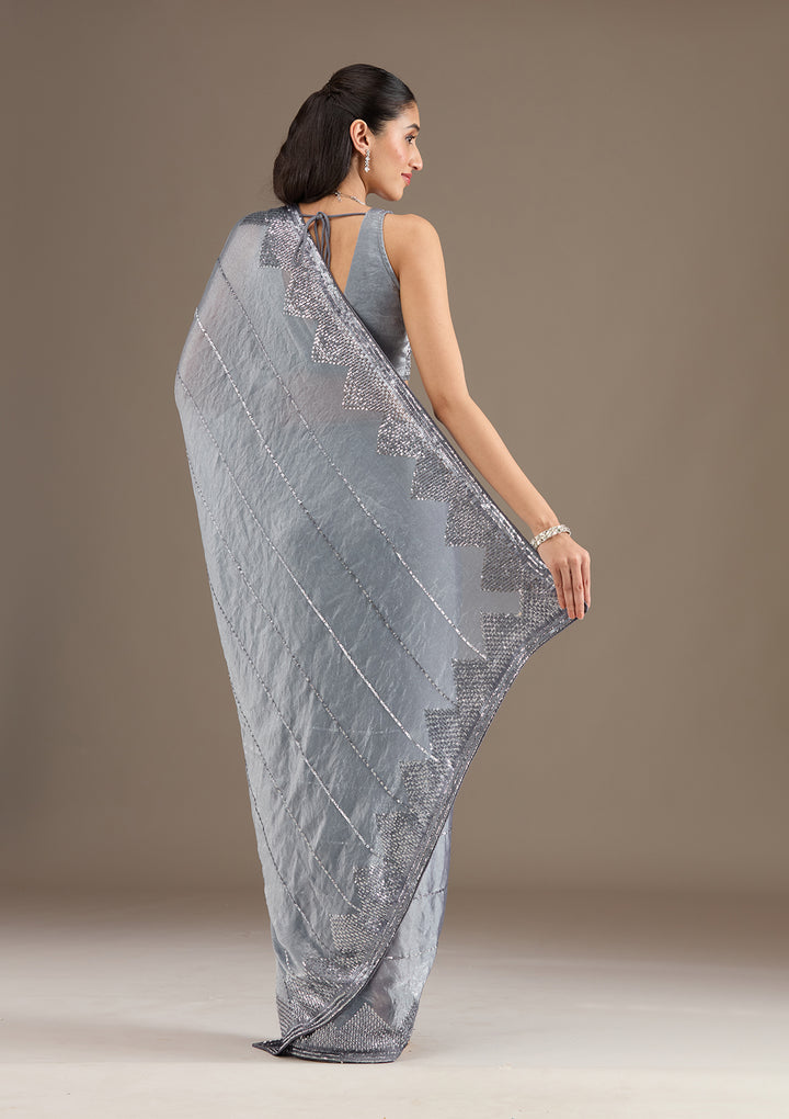 Grey Sequins Tissue Saree