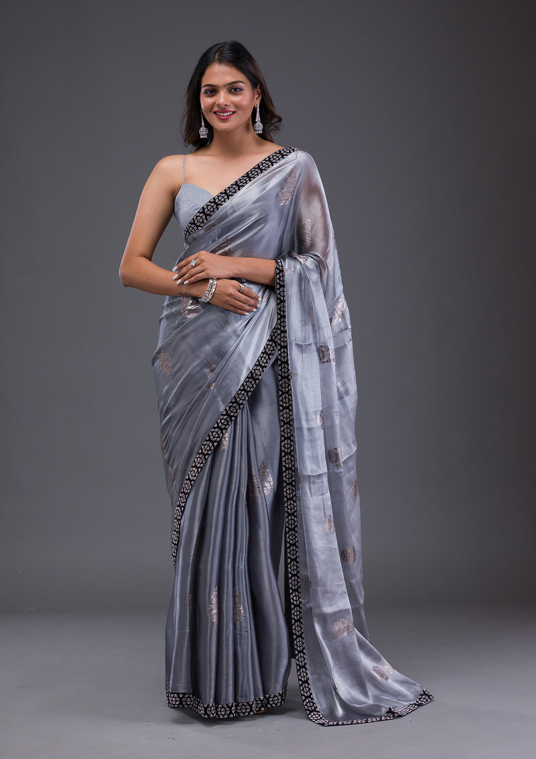 Grey Chiffon Silver Stonework Saree With Matching Blouse Piece