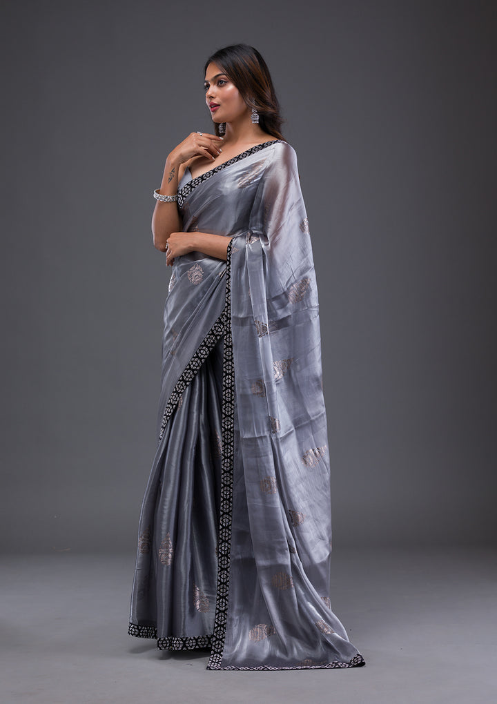 Grey Chiffon Silver Stonework Saree With Matching Blouse Piece