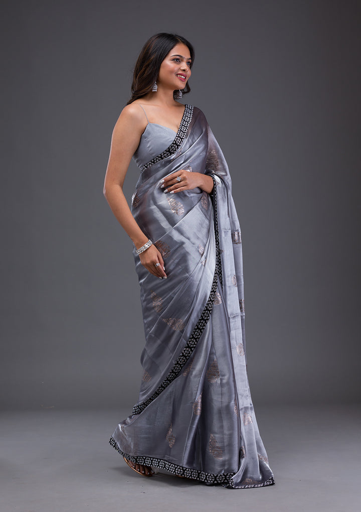 Grey Chiffon Silver Stonework Saree With Matching Blouse Piece