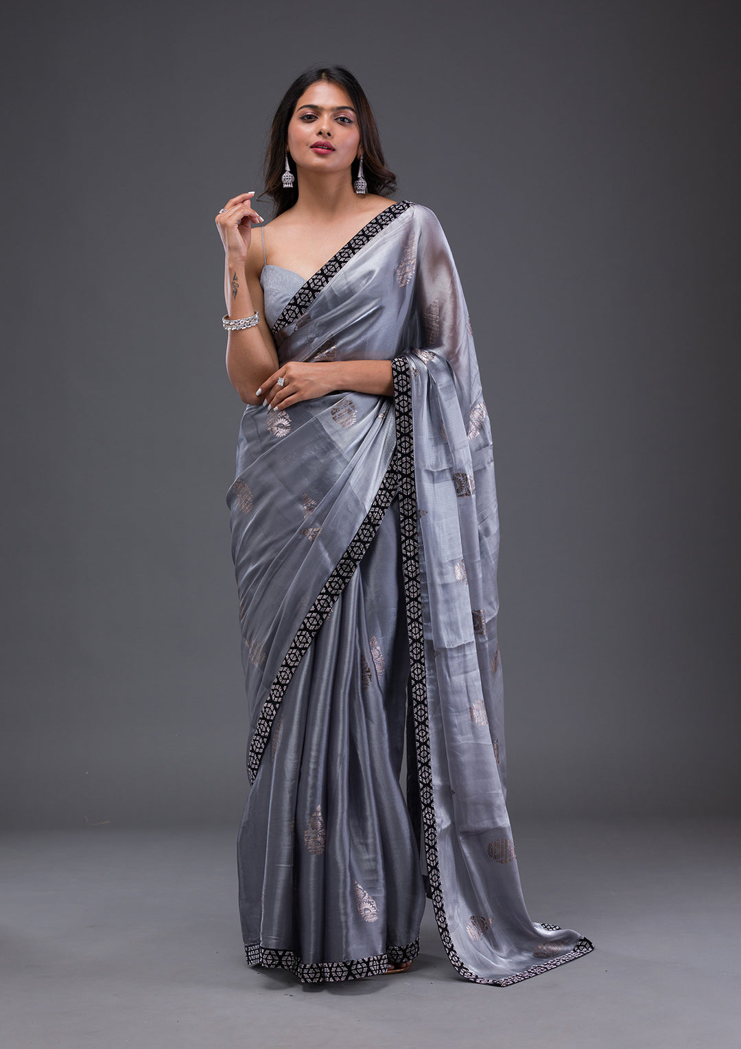 Grey Chiffon Silver Stonework Saree With Matching Blouse Piece