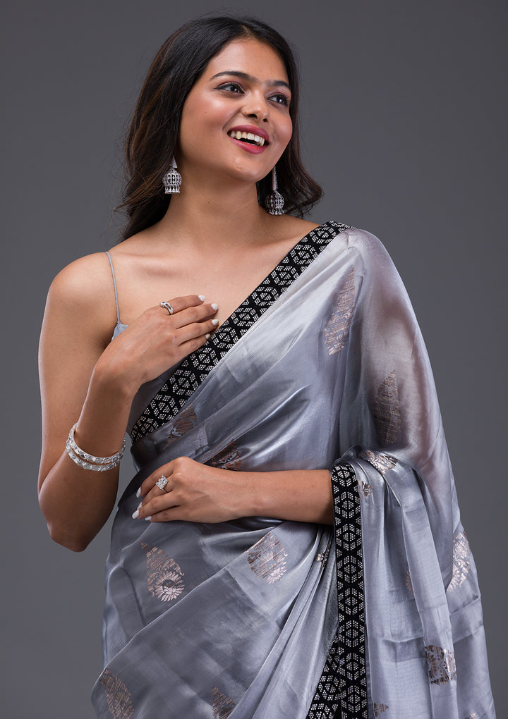 Grey Chiffon Silver Stonework Saree With Matching Blouse Piece